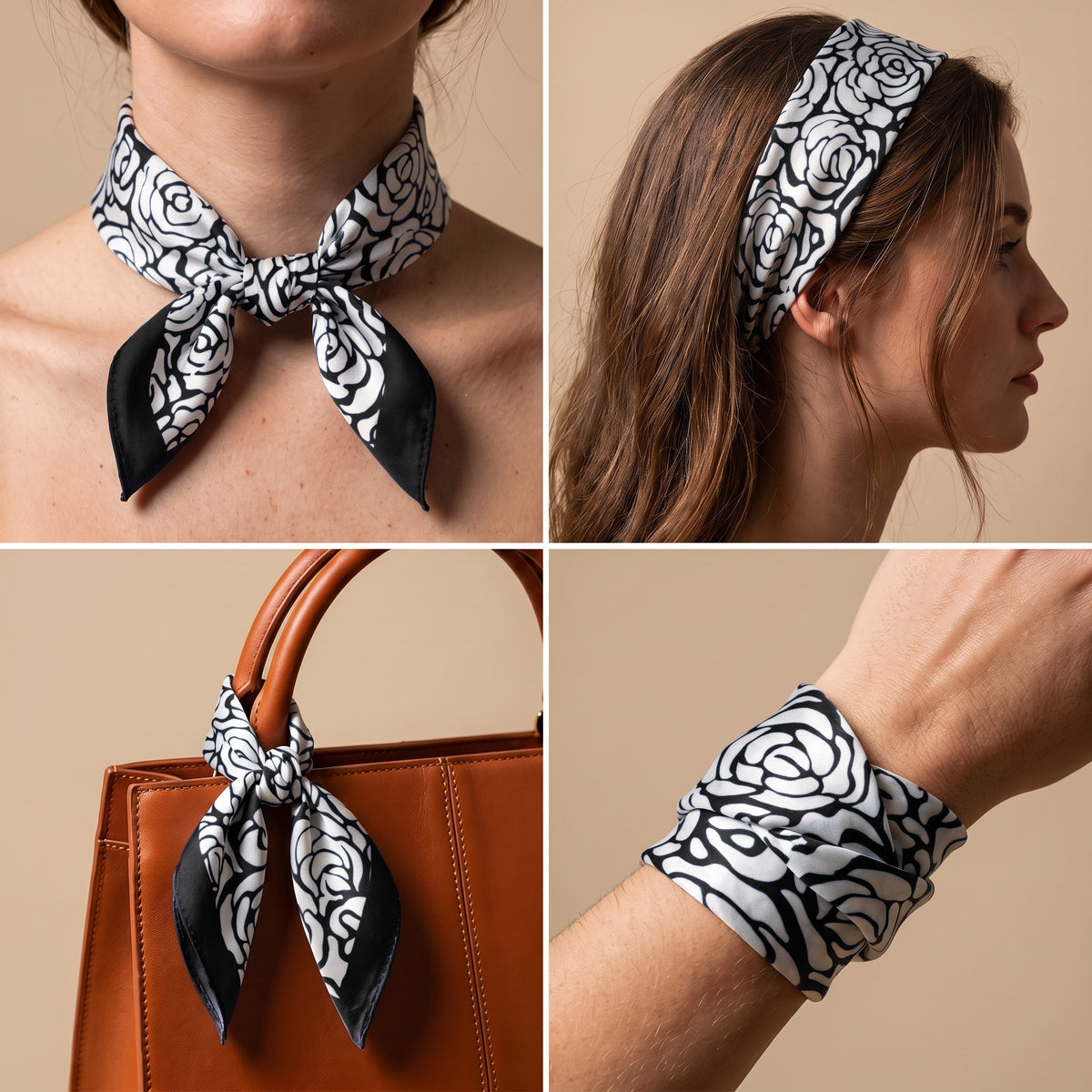Silk Scarf Women 27x27 Head Scarf Neck Scarf Hair Wrap Bandana Luxury Scarves Womens – Black & Ivory Floral — Stylized Rose Blooms | Bracksley, four ways to wear it: neck, headband, bag handle, wrist