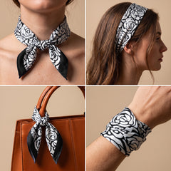 Silk Scarf Women 27x27 Head Scarf Neck Scarf Hair Wrap Bandana Luxury Scarves Womens – Black & Ivory Floral — Stylized Rose Blooms | Bracksley, four ways to wear it: neck, headband, bag handle, wrist