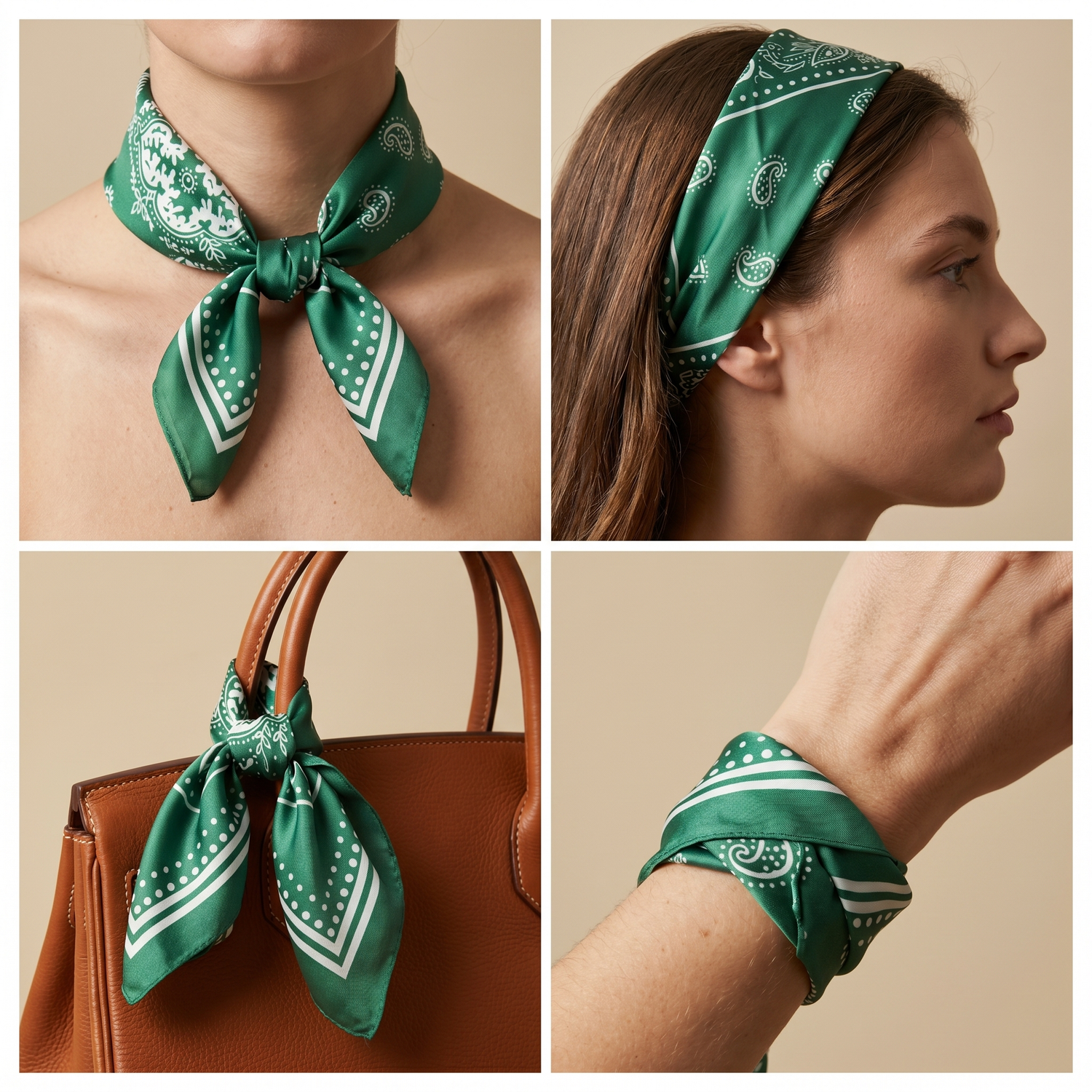Bracksley green paisley satin scarf for women, 27 inch square — view 3