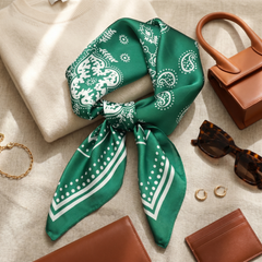 Bracksley green paisley satin scarf for women, 27 inch square — view 2
