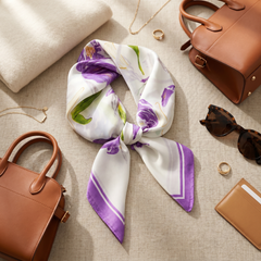 Bracksley purple floral satin scarf for women, 27 inch square — view 2