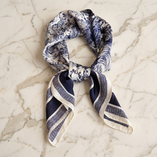 Navy & Ivory Baroque Satin Scarf — Ornate Scrollwork