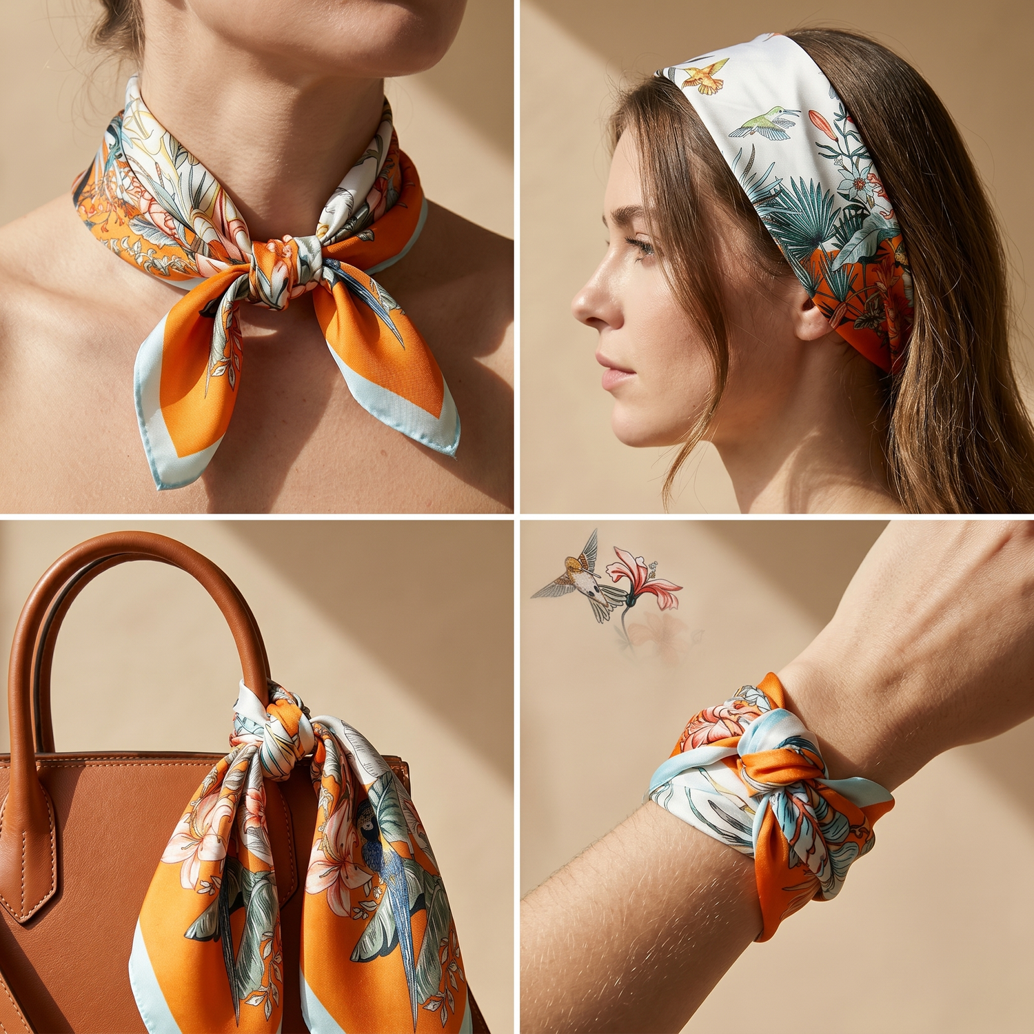 Bracksley orange floral satin scarf for women, 27 inch square — view 3