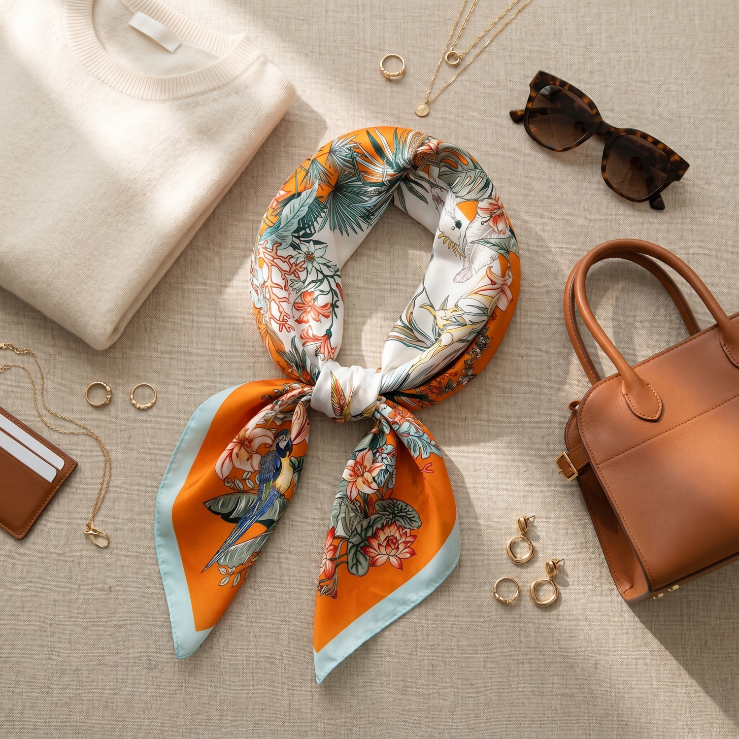 Bracksley orange floral satin scarf for women, 27 inch square — view 2