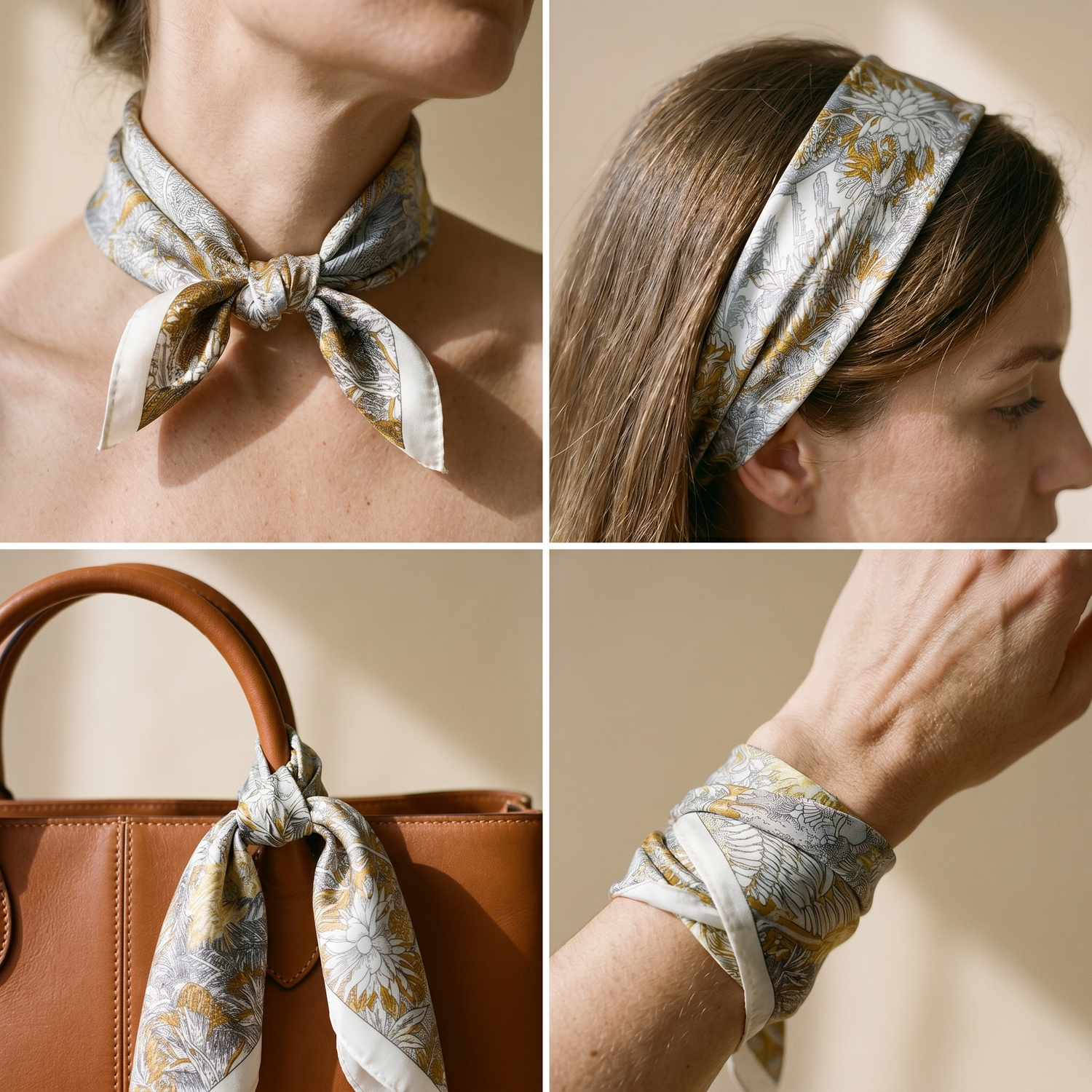 Bracksley gold floral satin scarf for women, 27 inch square — view 3