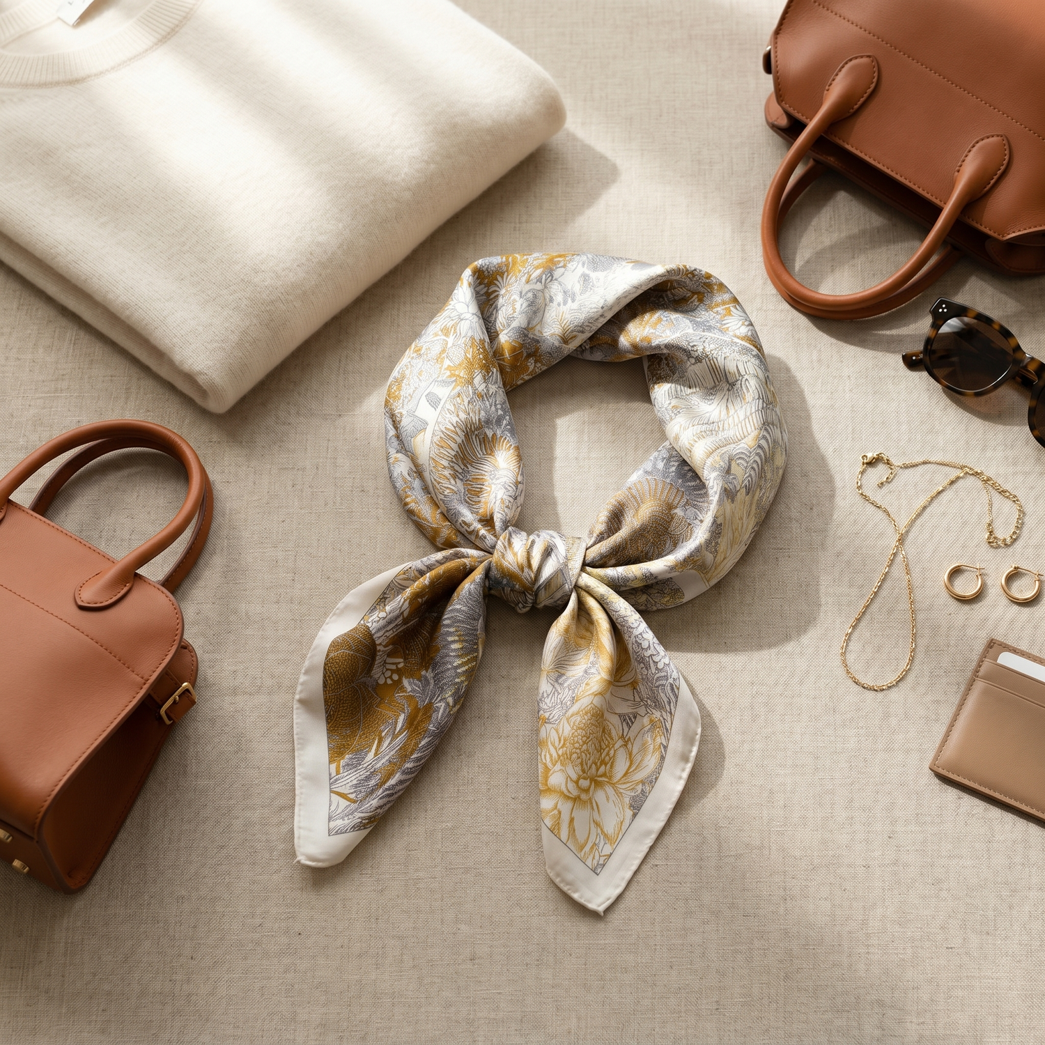 Bracksley gold floral satin scarf for women, 27 inch square — view 2