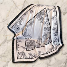 Cream & Black Floral Satin Scarf — Botanical Line Drawings