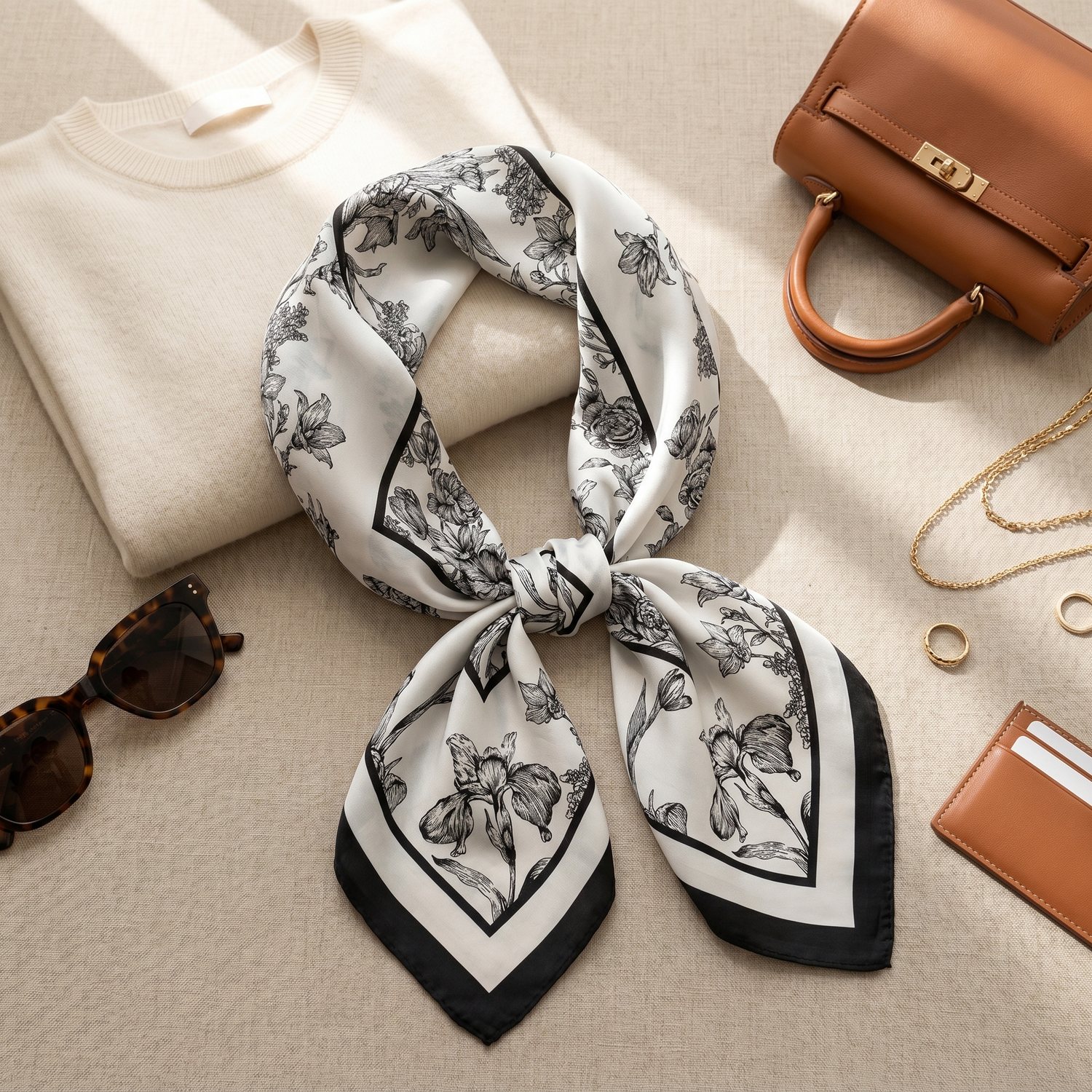 Bracksley beige floral satin scarf for women, 27 inch square — view 2