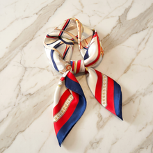 Red & Navy Striped Satin Scarf — Gold Chain Border