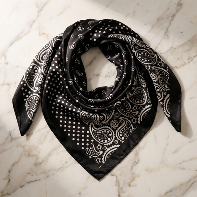 Black & White Paisley Satin Scarf — Ornate Paisley Dots