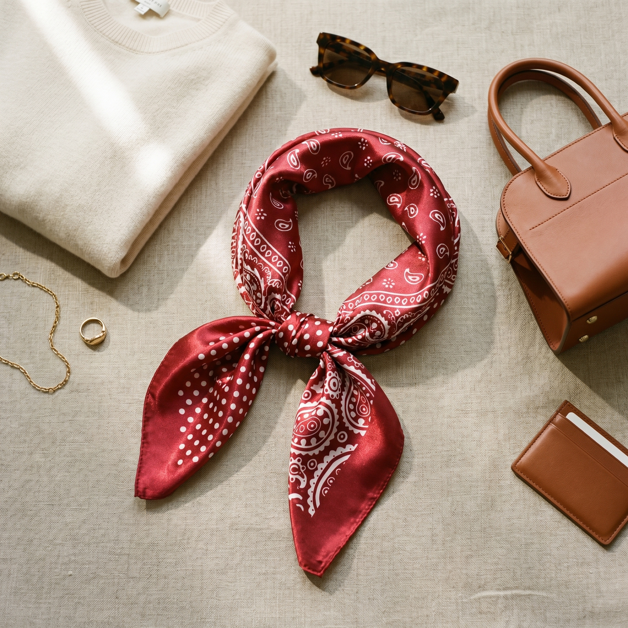 Bracksley red paisley satin scarf for women, 27 inch square — view 2