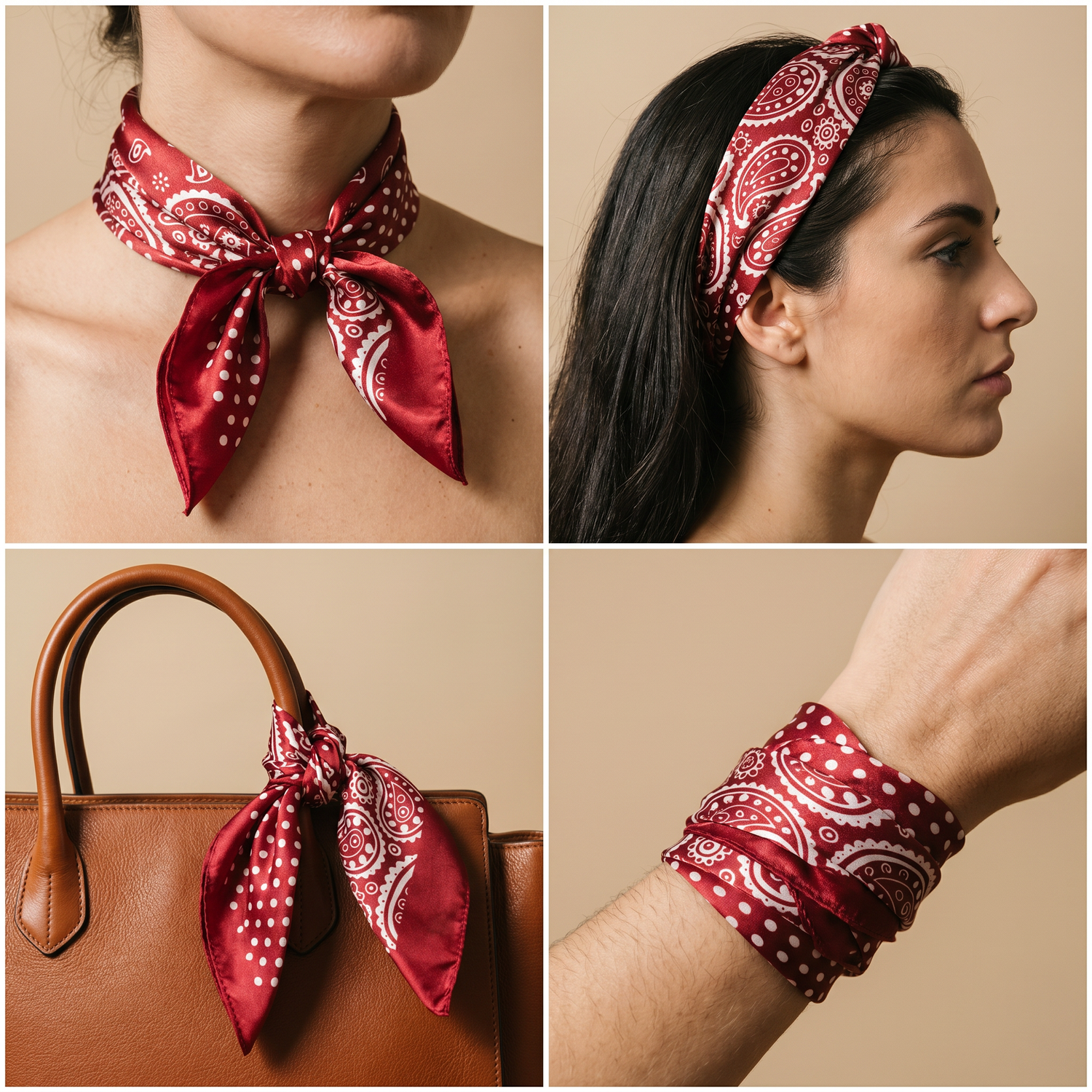 Bracksley red paisley satin scarf for women, 27 inch square — view 3