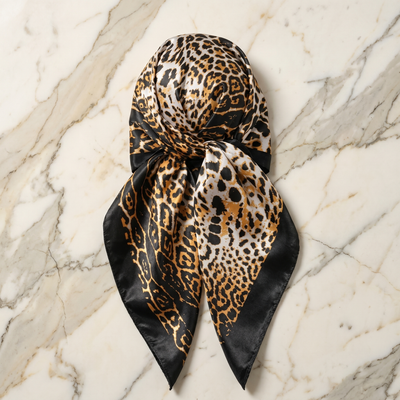 Black & Gold Animal Satin Scarf — Leopard Spots (Luxury)