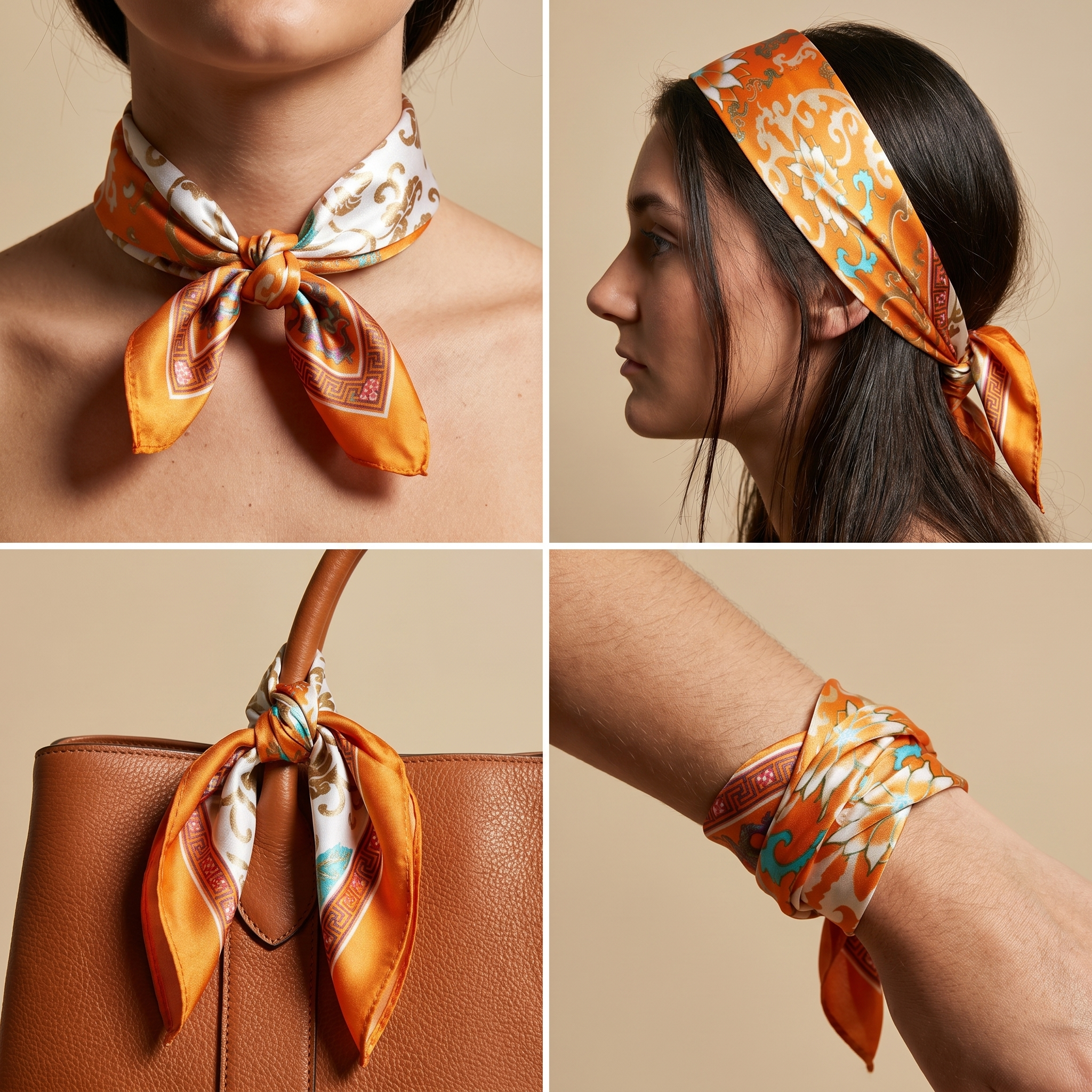 Bracksley orange paisley satin scarf for women, 27 inch square — view 3