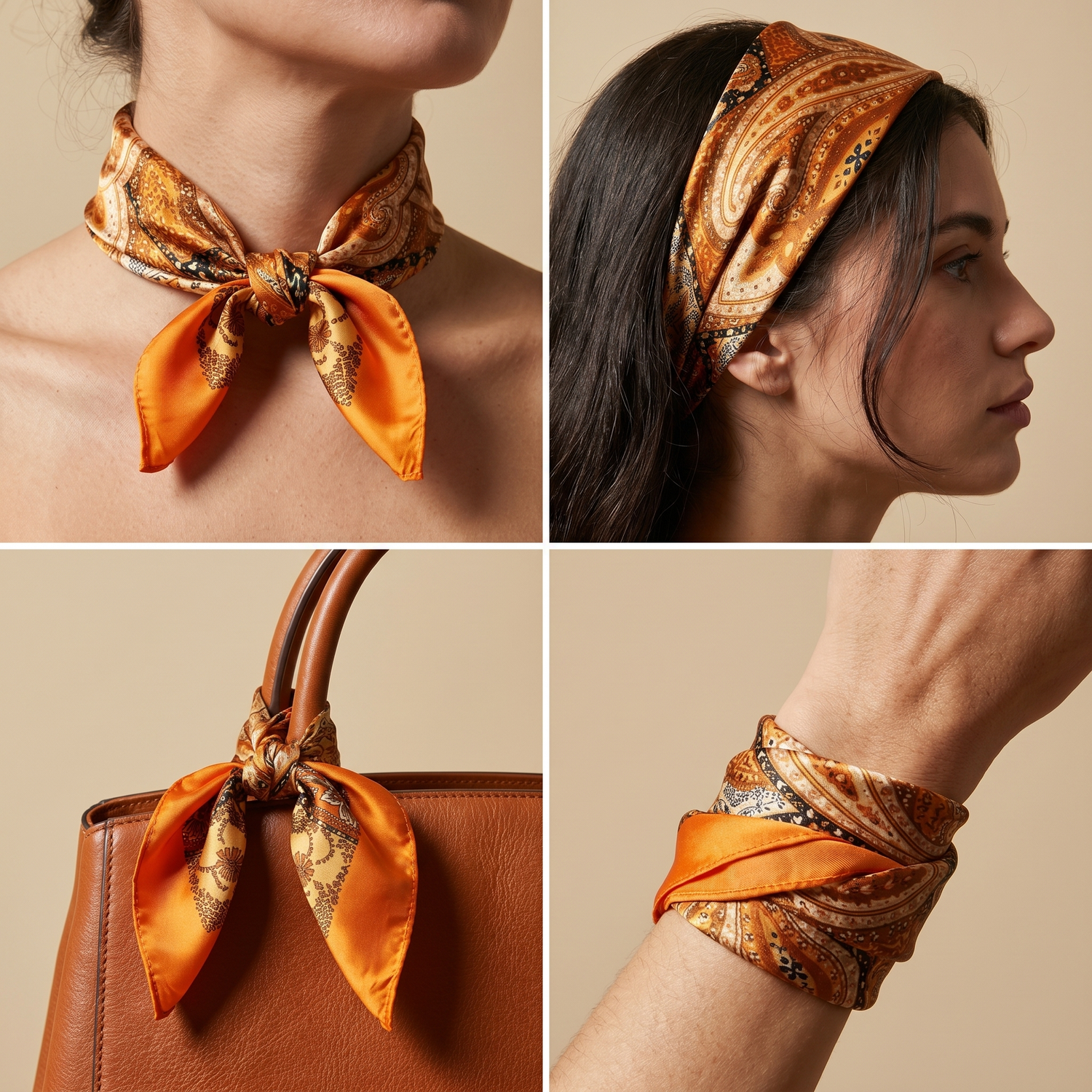 Bracksley orange paisley satin scarf for women, 27 inch square — view 3