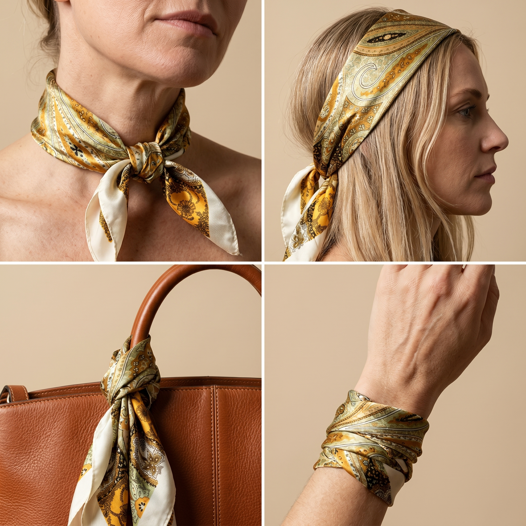 Bracksley gold paisley satin scarf for women, 27 inch square — view 3