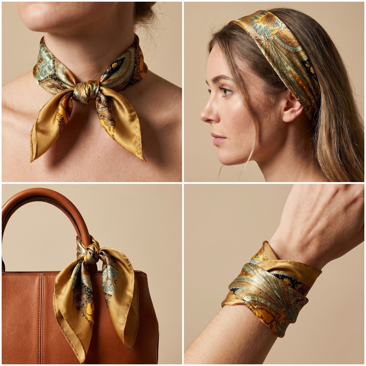 Bracksley gold paisley satin scarf for women, 27 inch square — view 3