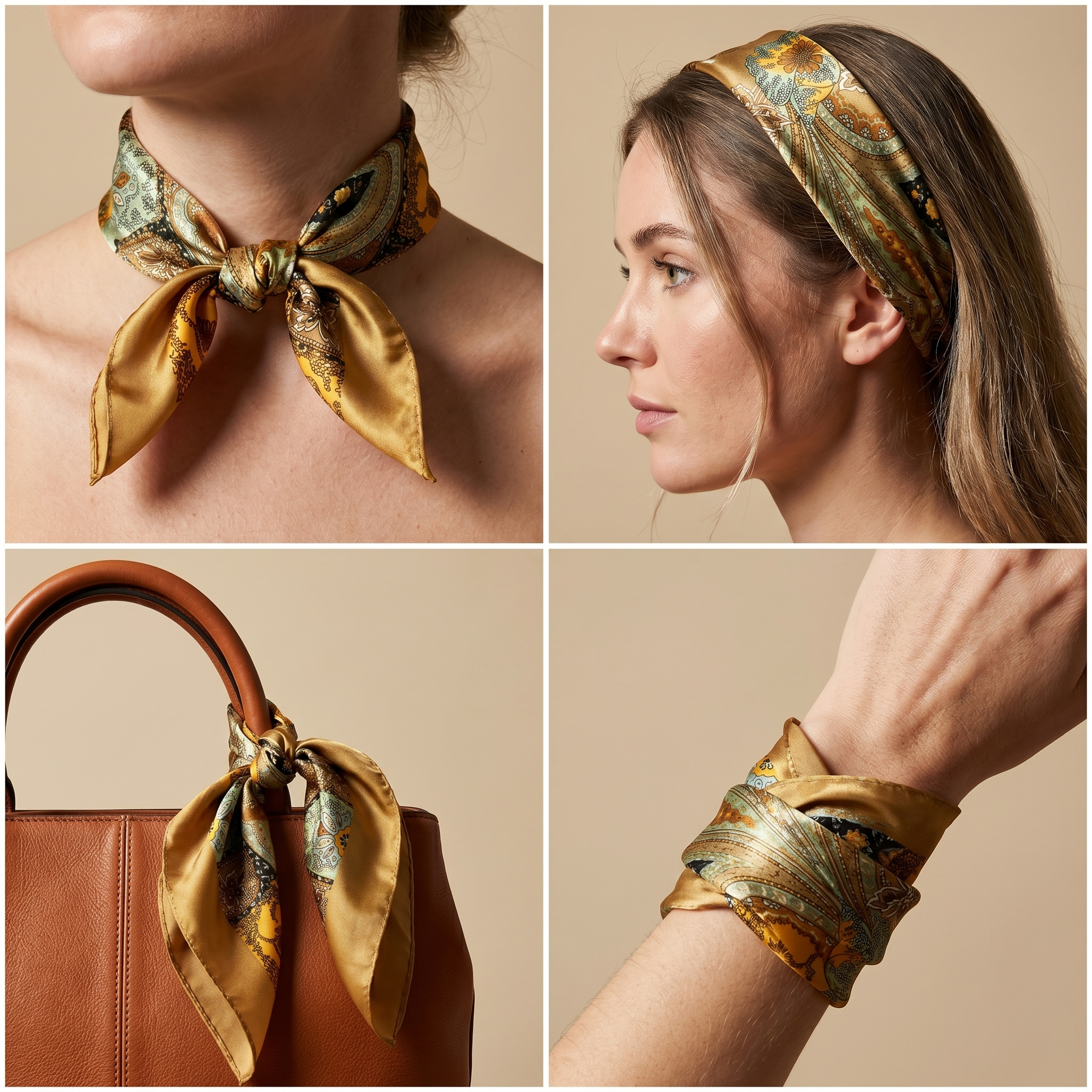 Bracksley gold paisley satin scarf for women, 27 inch square — view 3