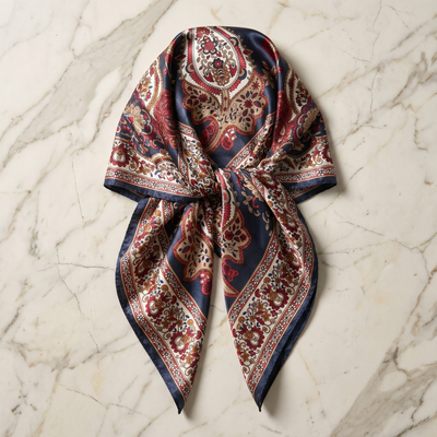 Silk Scarf Women 27x27 in Head Hair Neck Satin Luxury — Navy & Burgundy Paisley — Ornate Floral Paisley | Bracksley