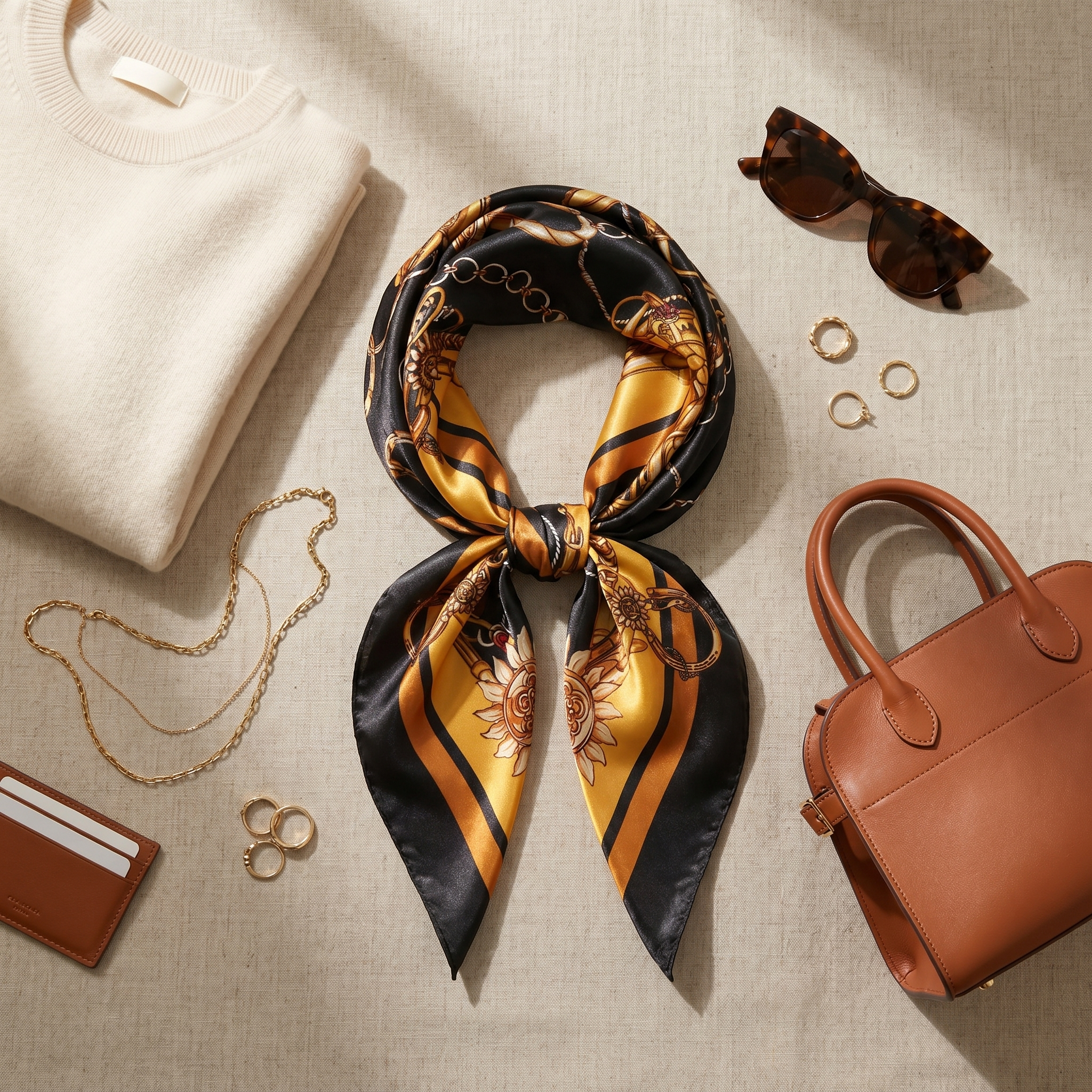 Bracksley gold floral satin scarf for women, 27 inch square — view 2