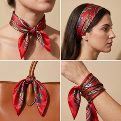 Bracksley red paisley satin scarf for women, 27 inch square — view 3