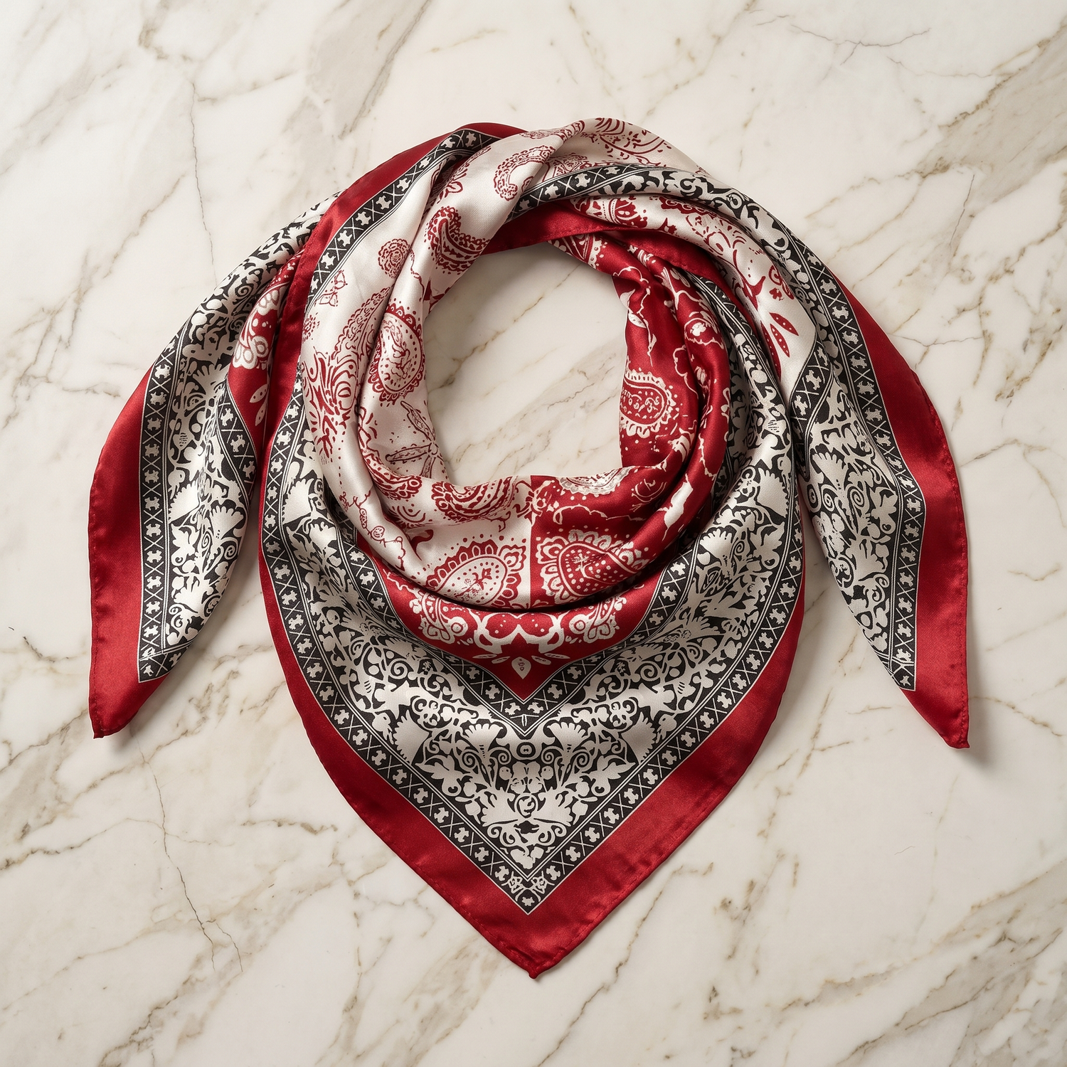 Bracksley red paisley satin scarf for women, 27 inch square — view 1
