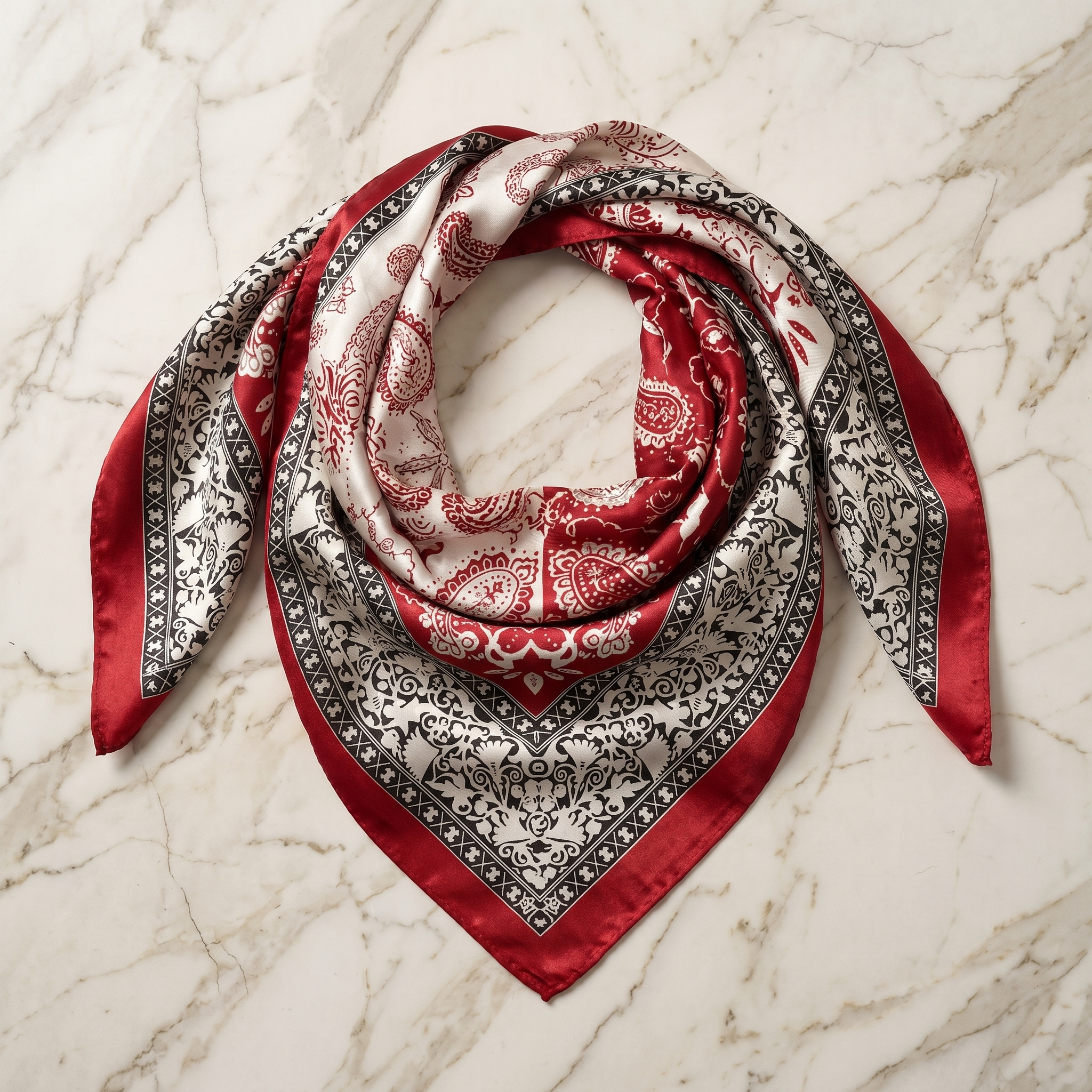 Bracksley red paisley satin scarf for women, 27 inch square — view 1