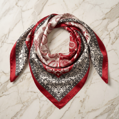 Burgundy & Cream Paisley Satin Scarf — Ornate Baroque Border