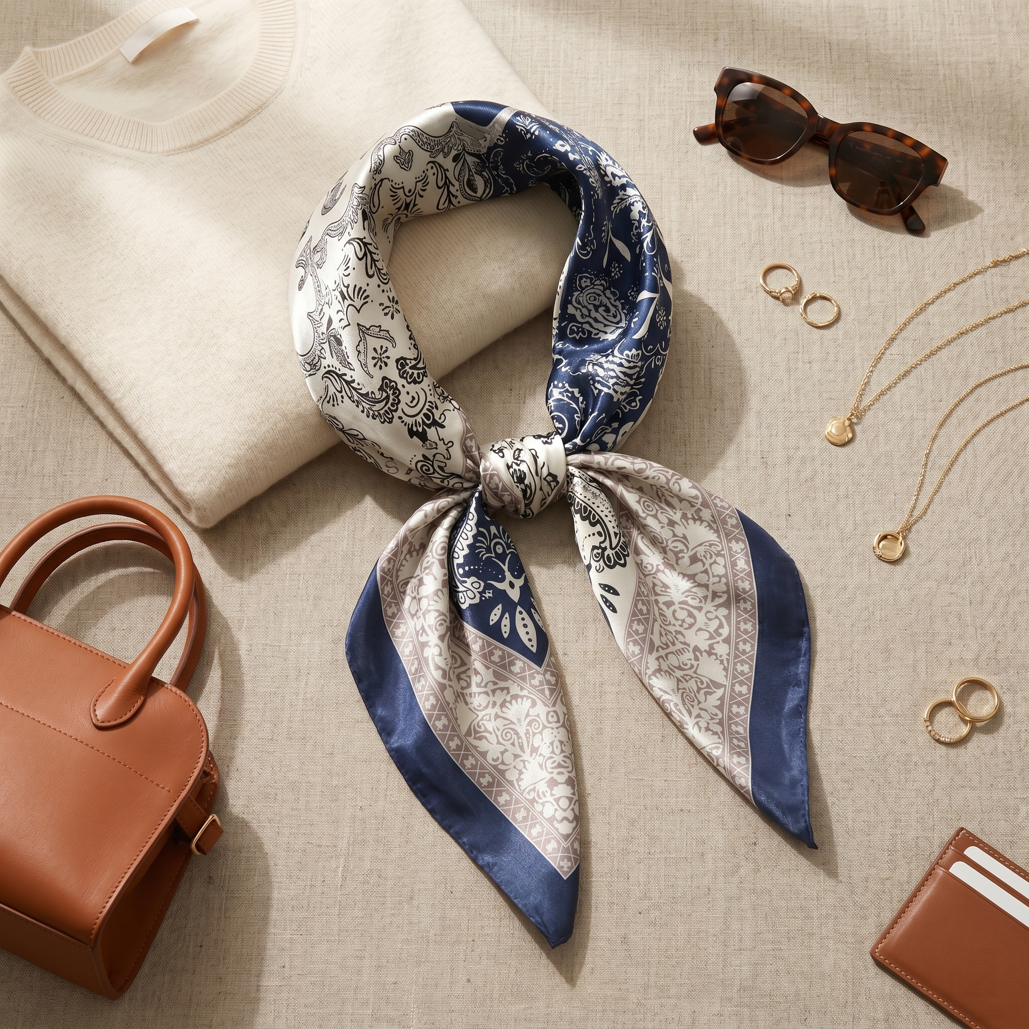 Bracksley blue paisley satin scarf for women, 27 inch square — view 2
