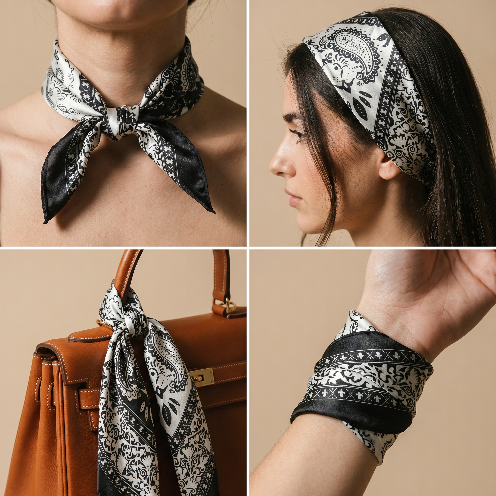 Bracksley black paisley satin scarf for women, 27 inch square — view 3
