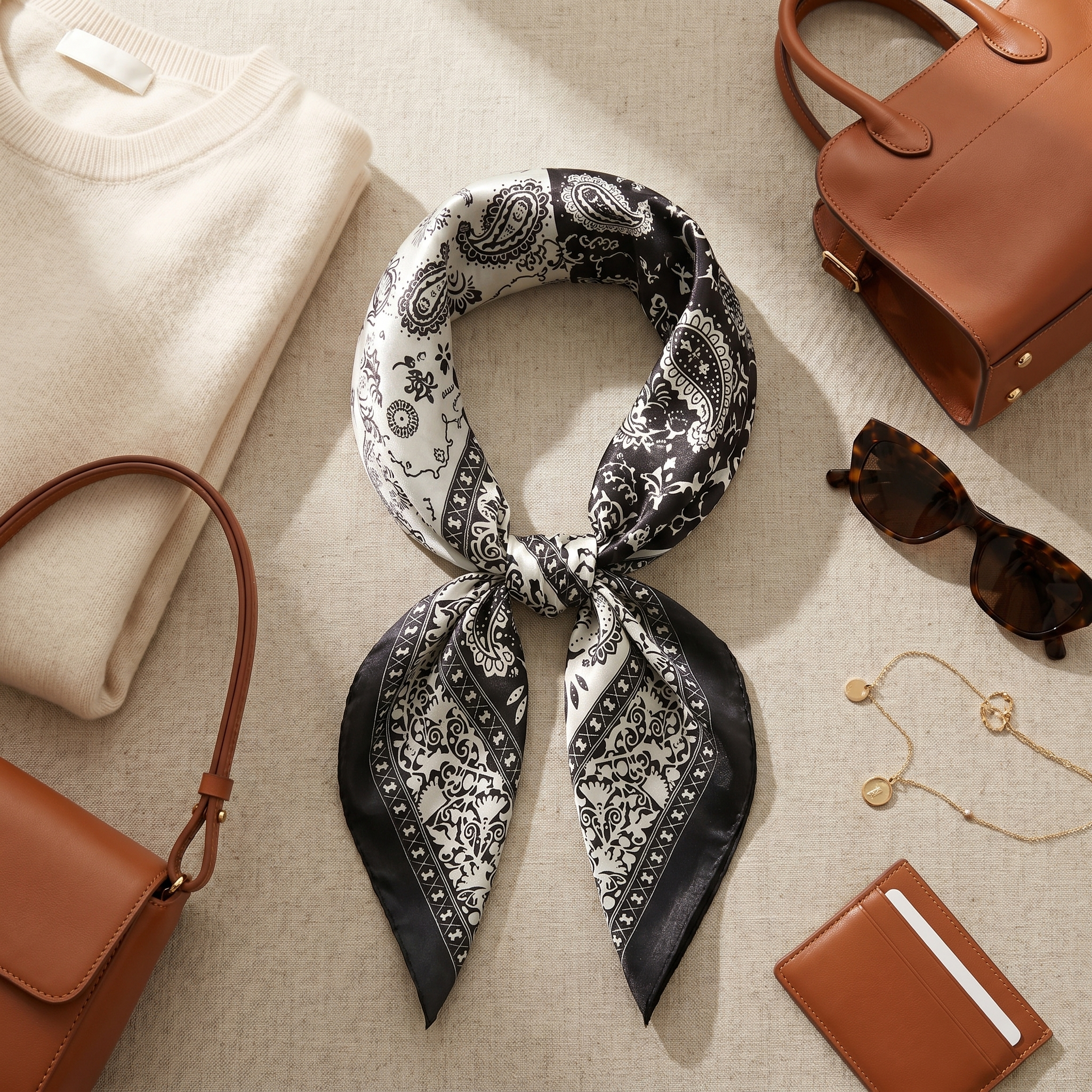 Bracksley black paisley satin scarf for women, 27 inch square — view 2