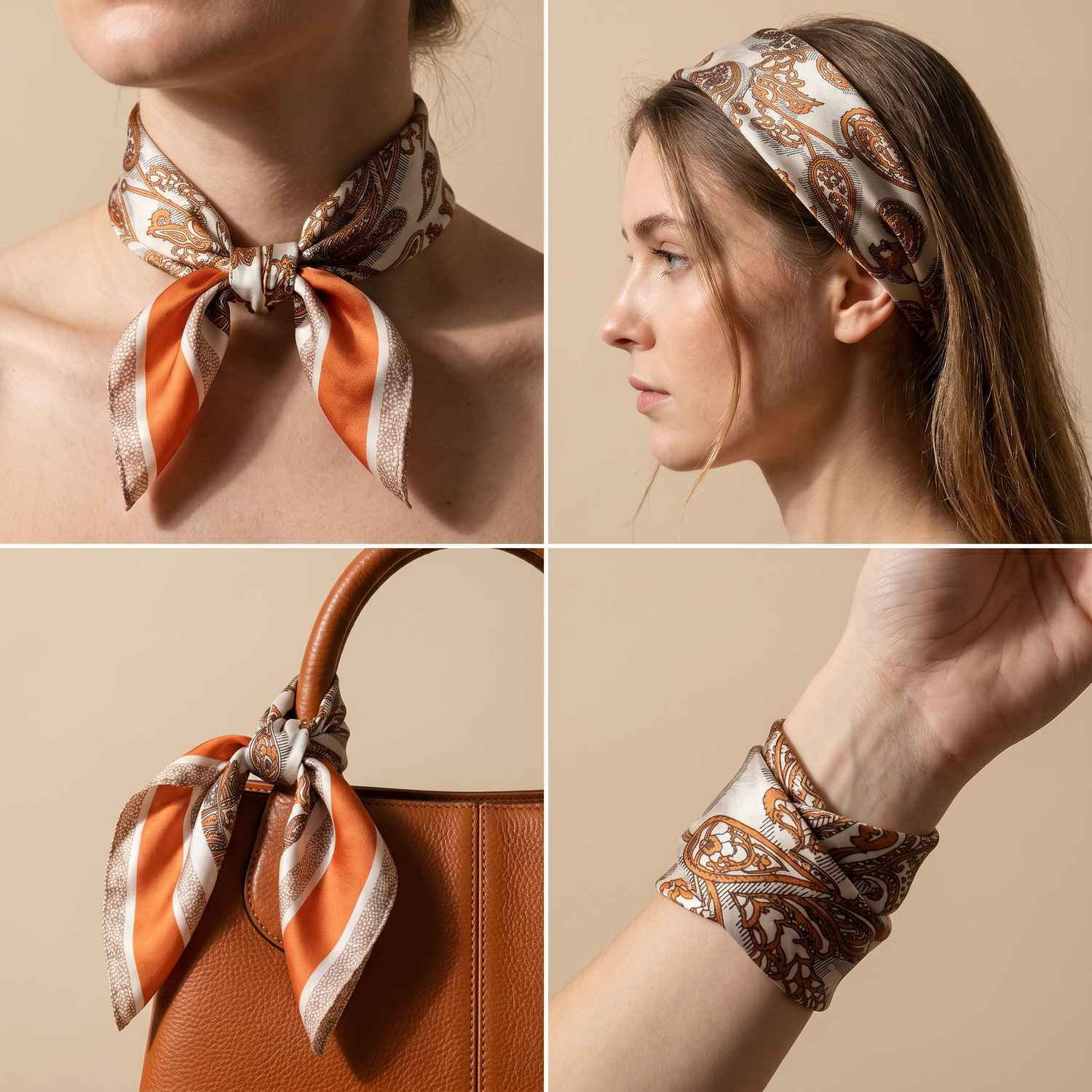 Bracksley orange paisley satin scarf for women, 27 inch square — view 3