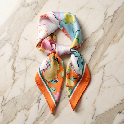 Silk Scarf Women 27x27 in Head Hair Neck Satin Luxury — Orange & White Floral — Vibrant Fruit Blossoms | Bracksley