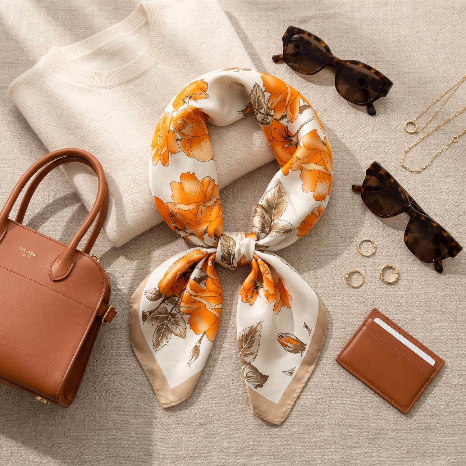 Bracksley orange floral satin scarf for women, 27 inch square — view 2