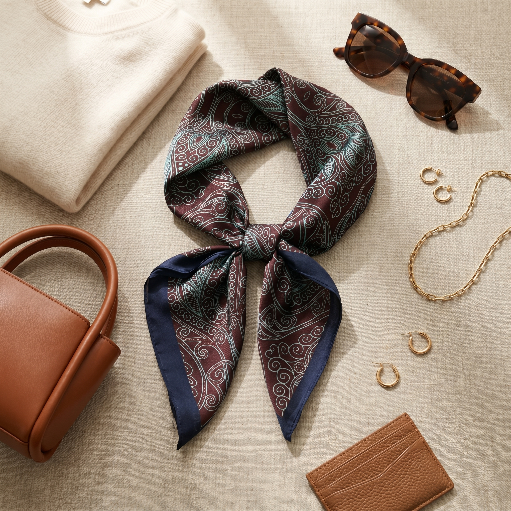 Bracksley brown paisley satin scarf for women, 27 inch square — view 2