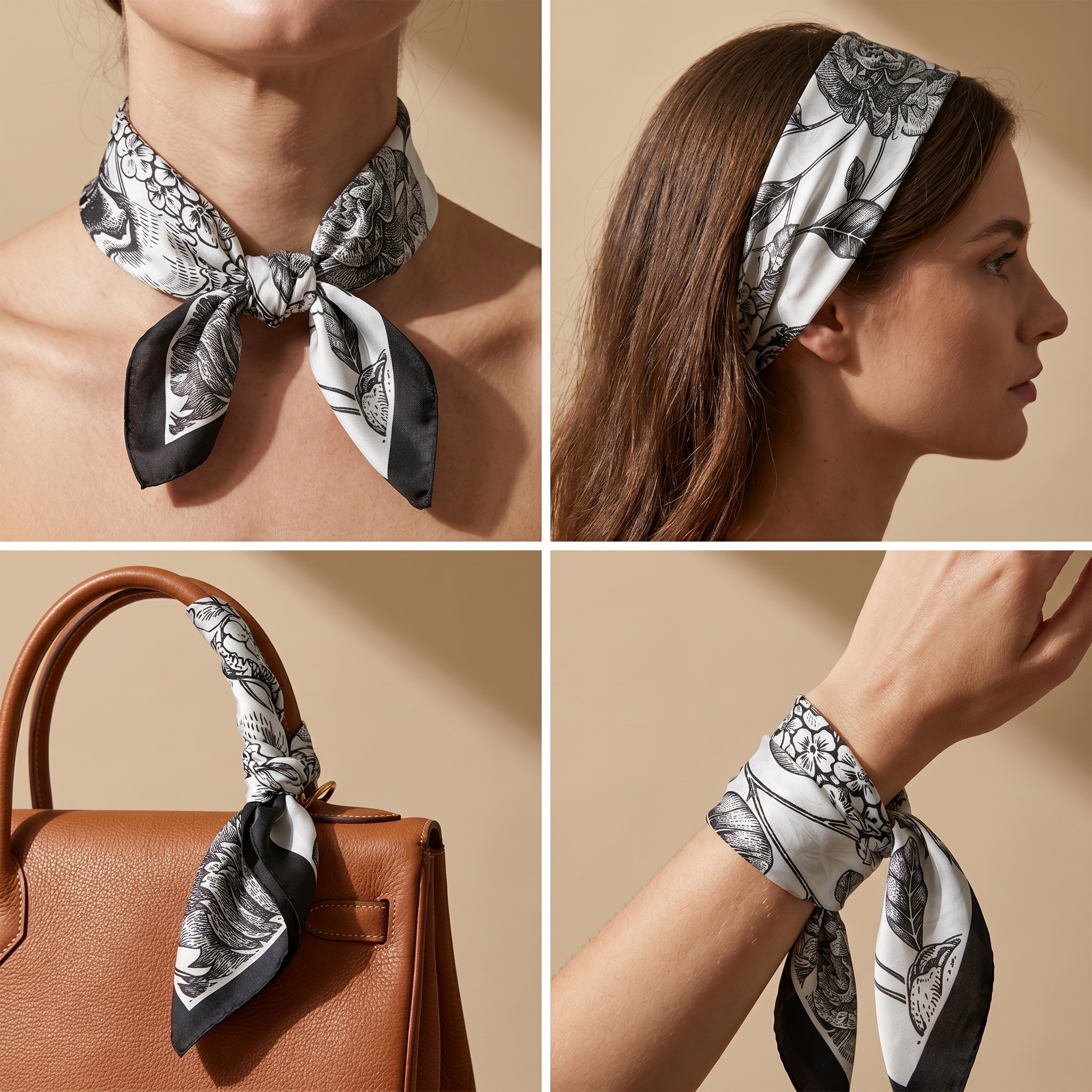 Bracksley black floral satin scarf for women, 27 inch square — view 3