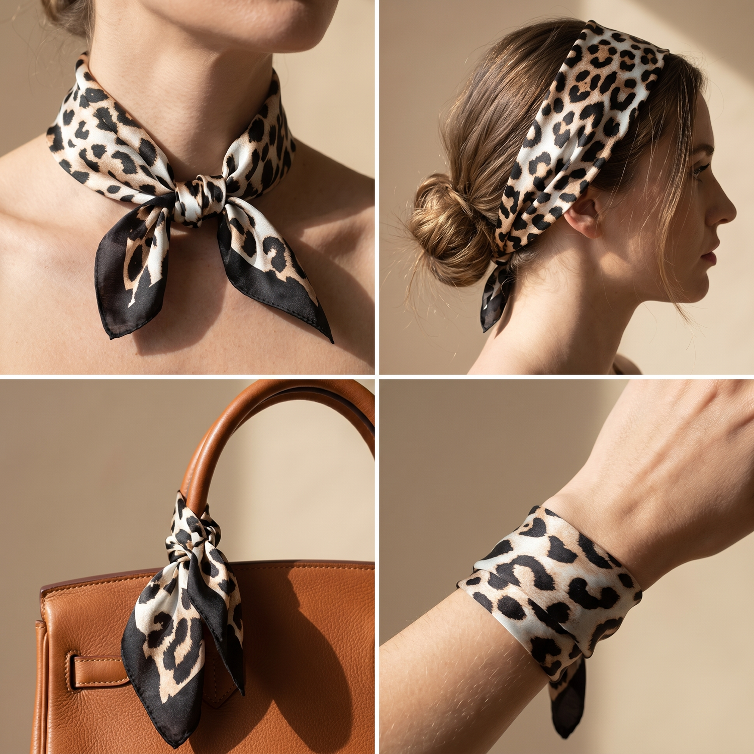 Bracksley beige animal satin scarf for women, 27 inch square — view 3