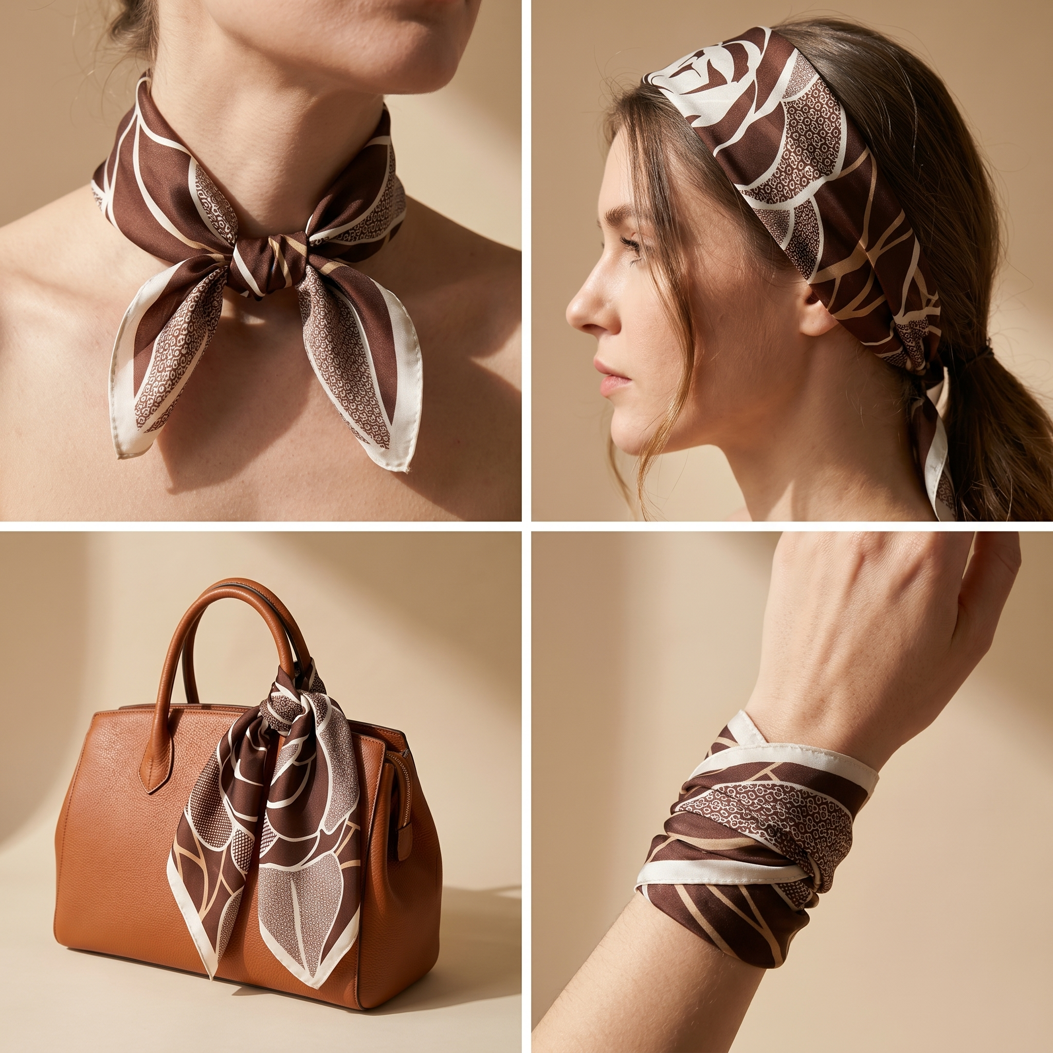 Bracksley brown floral satin scarf for women, 27 inch square — view 3