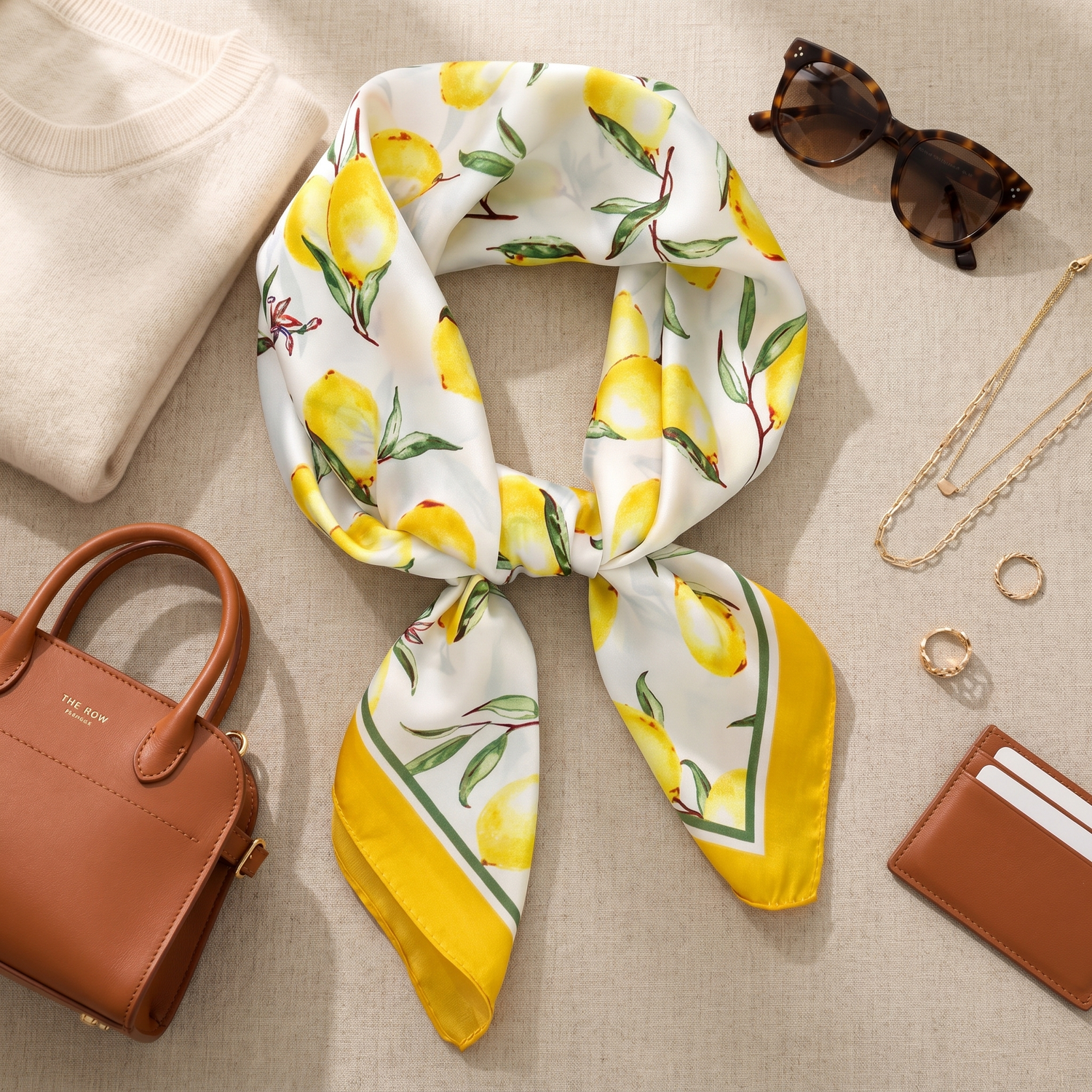 Bracksley yellow floral satin scarf for women, 27 inch square — view 2