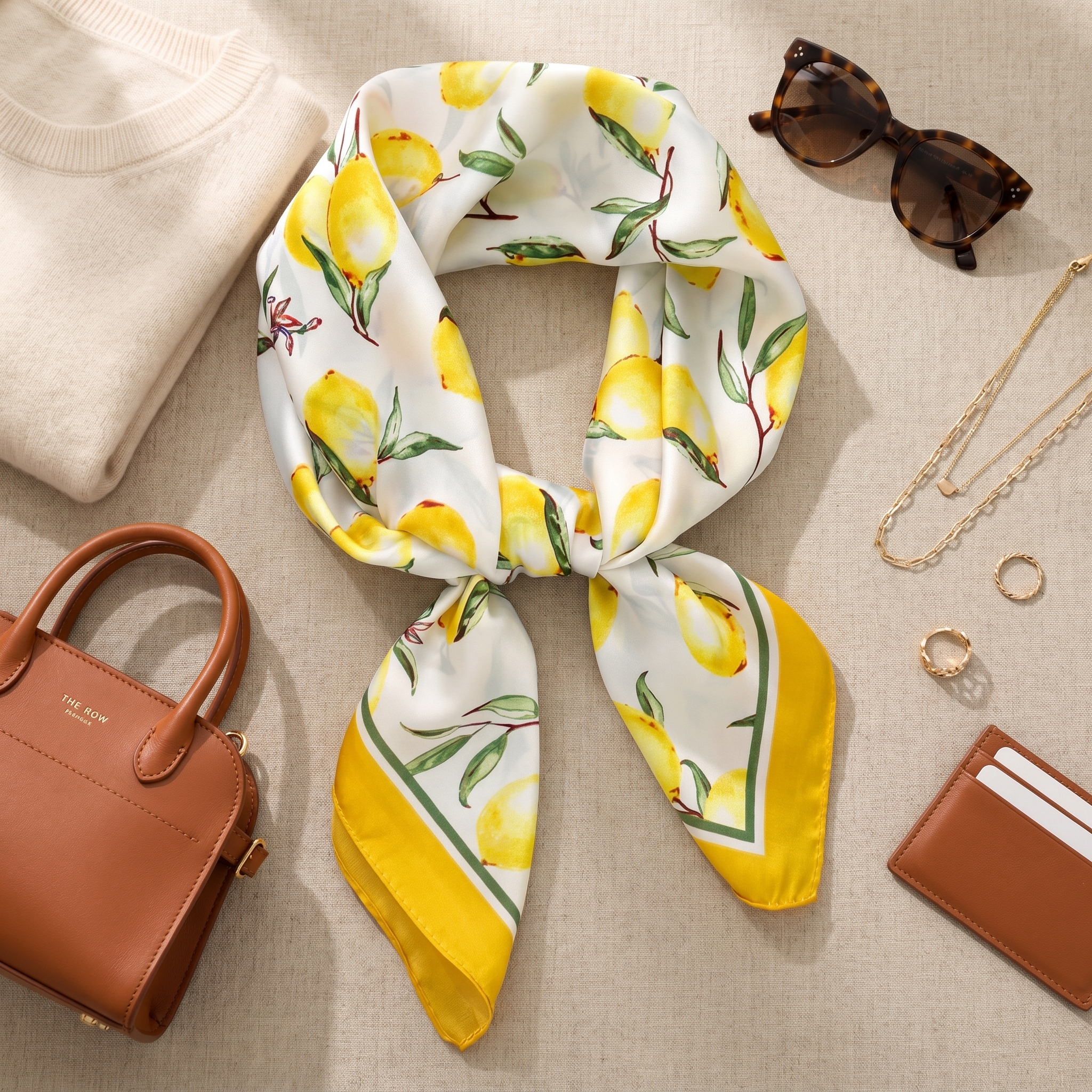 Bracksley yellow floral satin scarf for women, 27 inch square — view 2