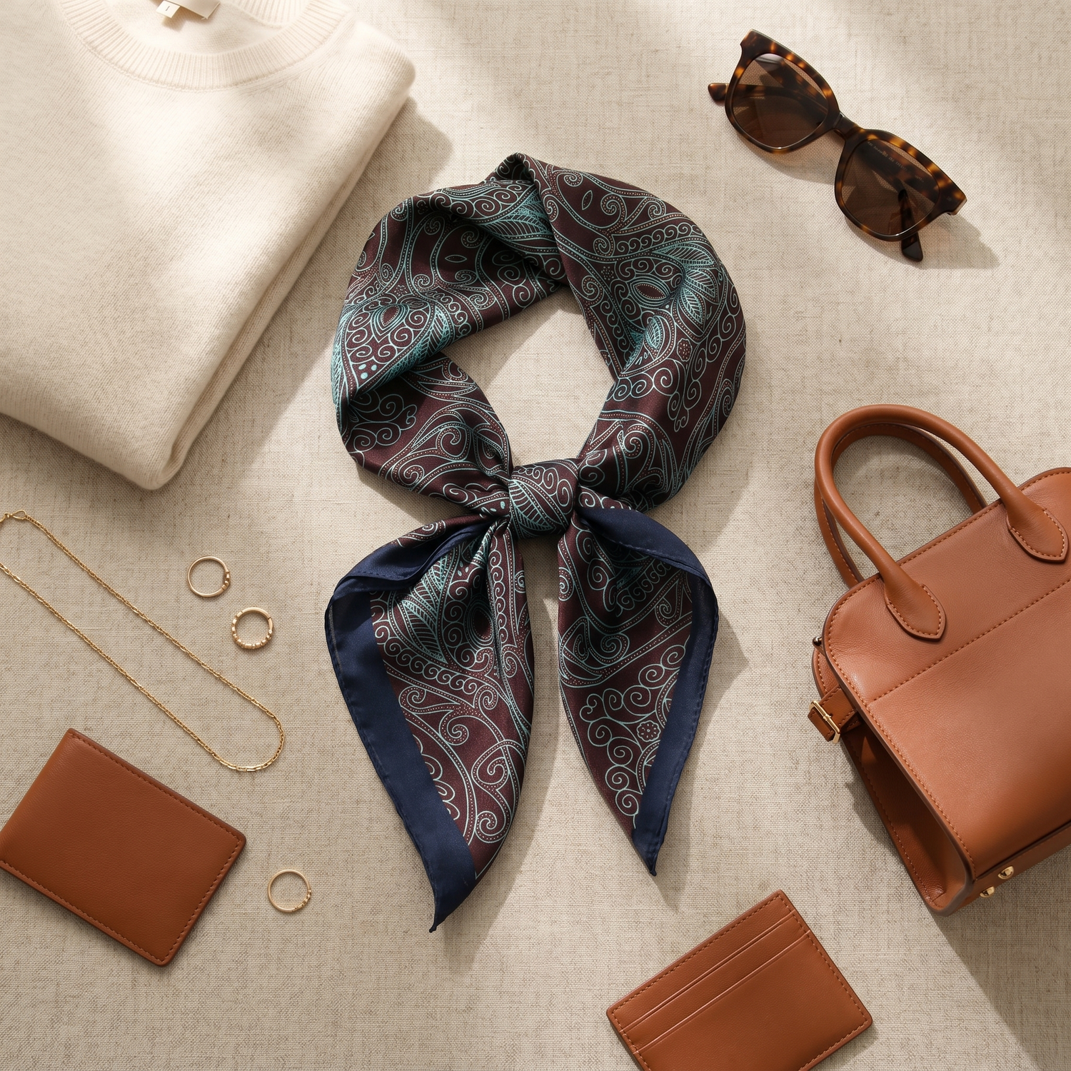 Bracksley brown paisley satin scarf for women, 27 inch square — view 2