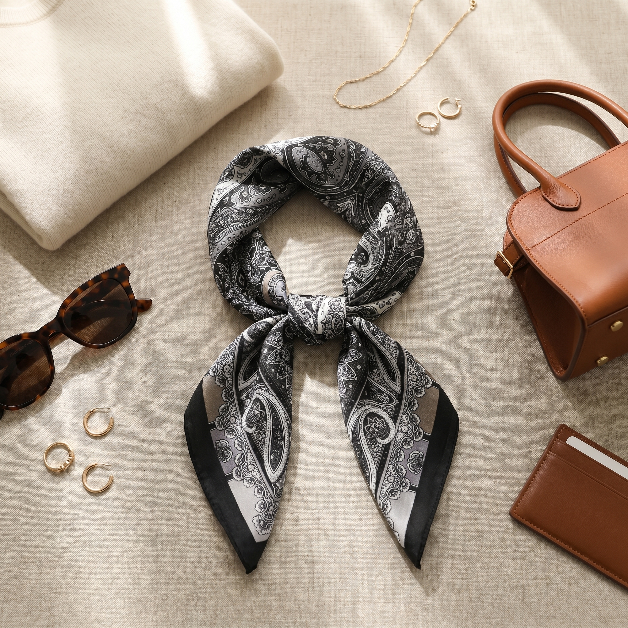 Bracksley black paisley satin scarf for women, 27 inch square — view 2