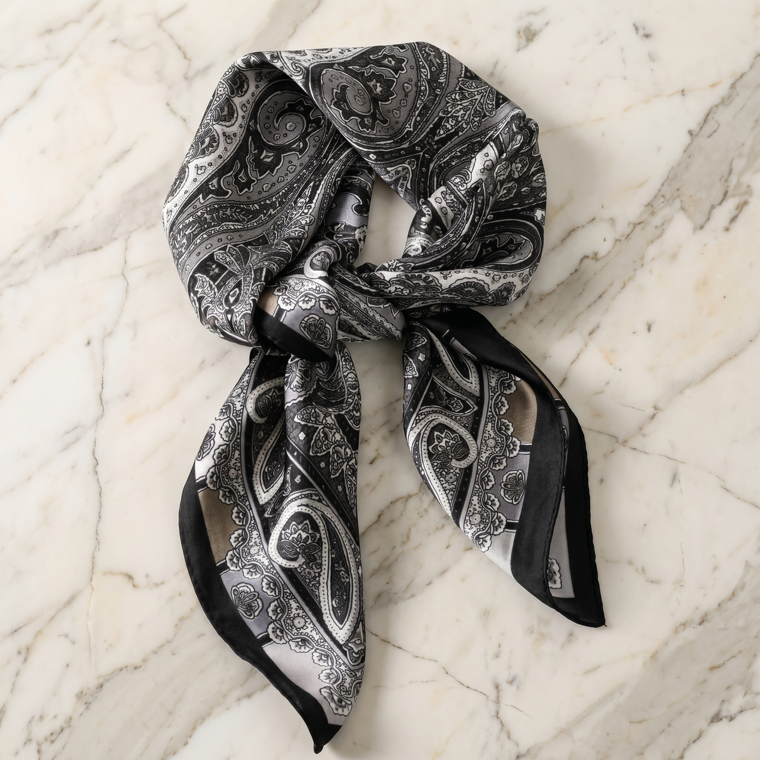 Bracksley black paisley satin scarf for women, 27 inch square — view 1