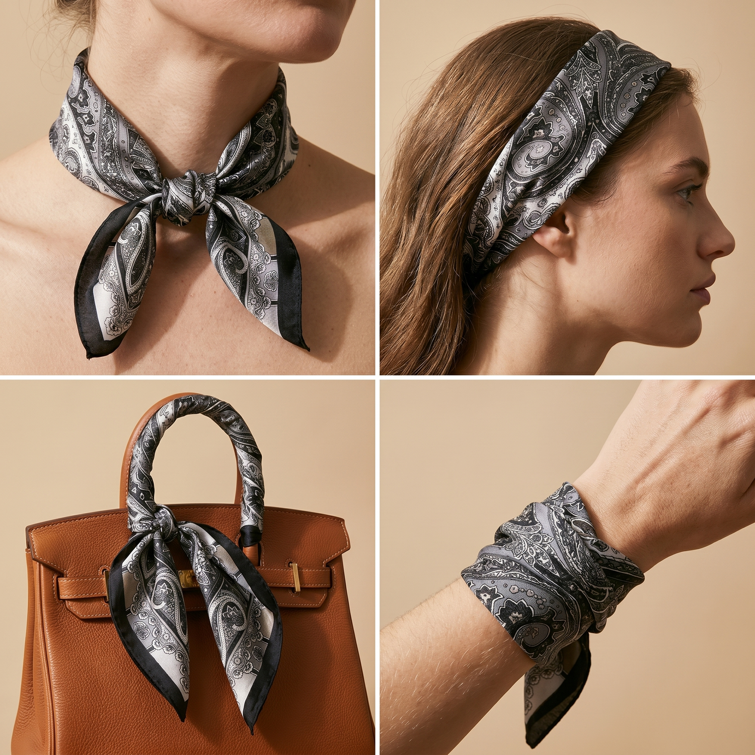 Bracksley black paisley satin scarf for women, 27 inch square — view 3