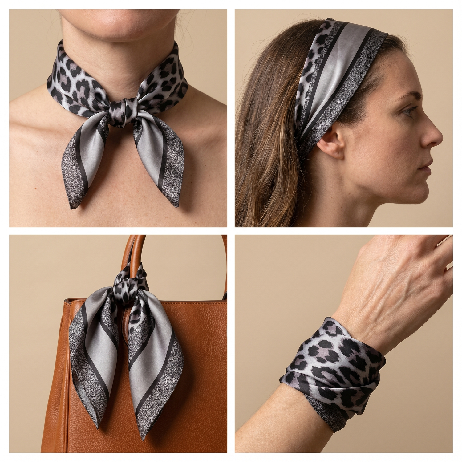 Bracksley black animal satin scarf for women, 27 inch square — view 3