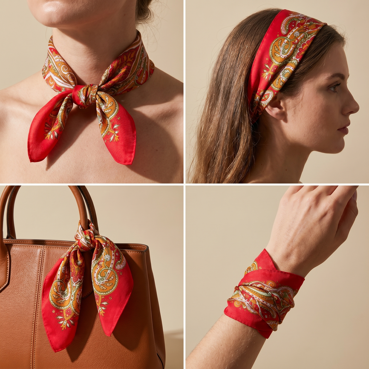 Bracksley red paisley satin scarf for women, 27 inch square — view 3