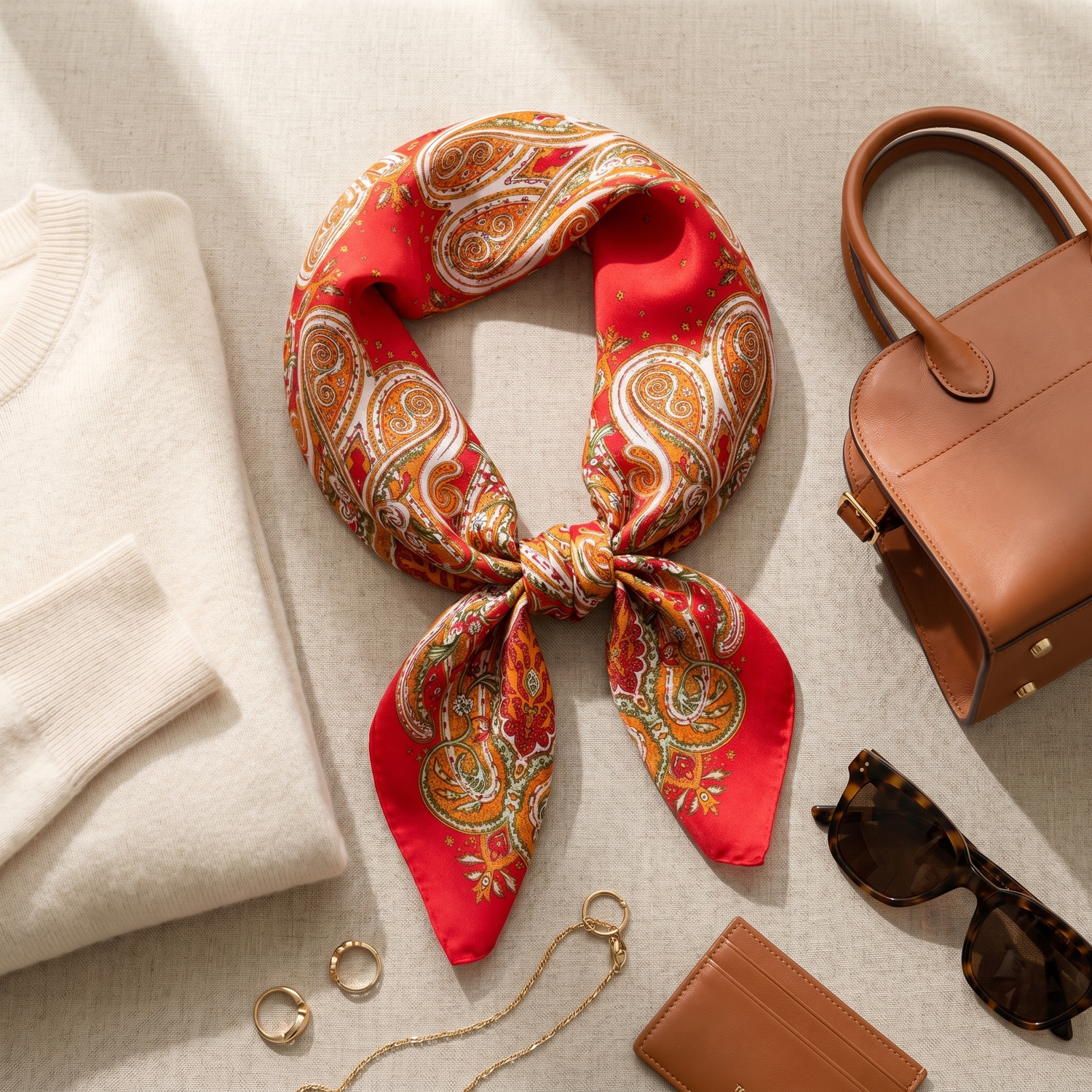 Bracksley red paisley satin scarf for women, 27 inch square — view 2