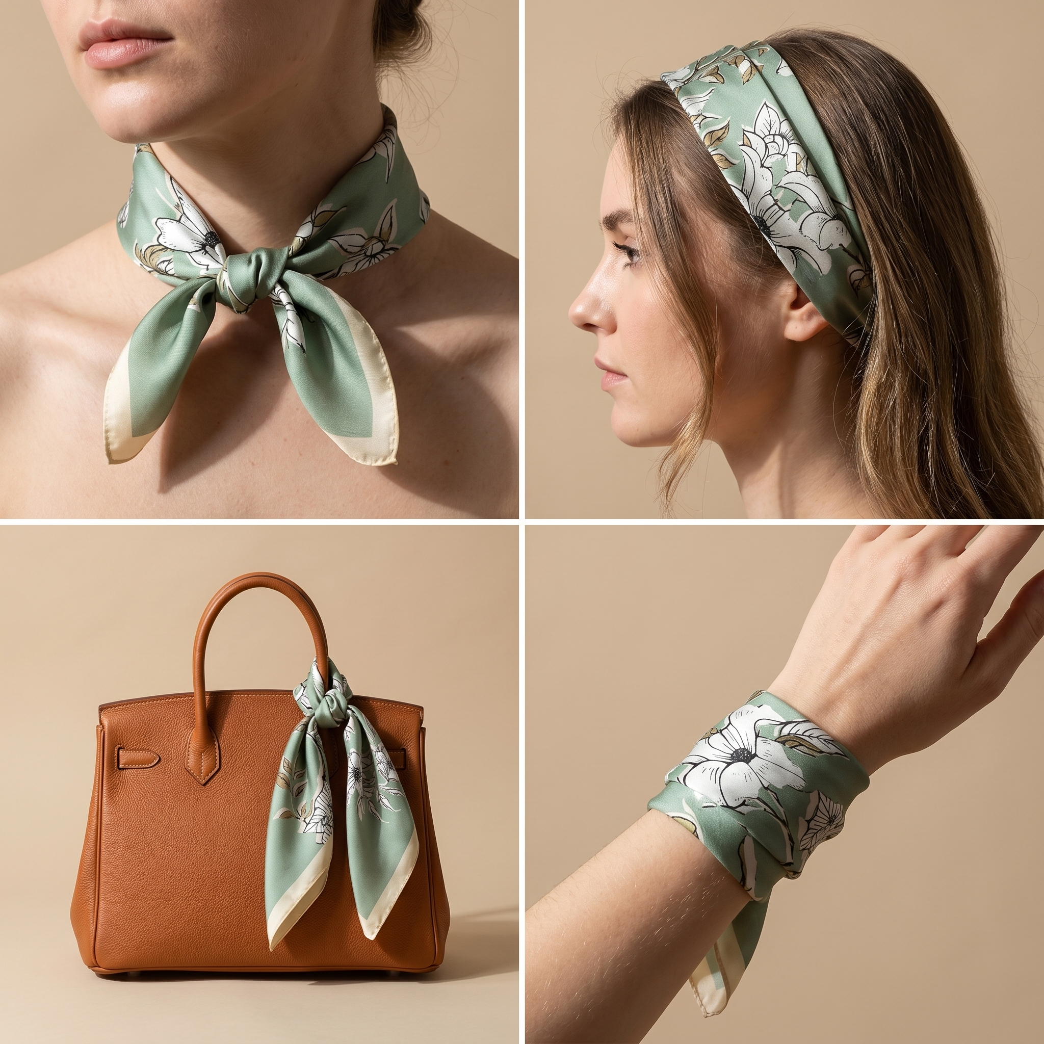 Bracksley green floral satin scarf for women, 27 inch square — view 3