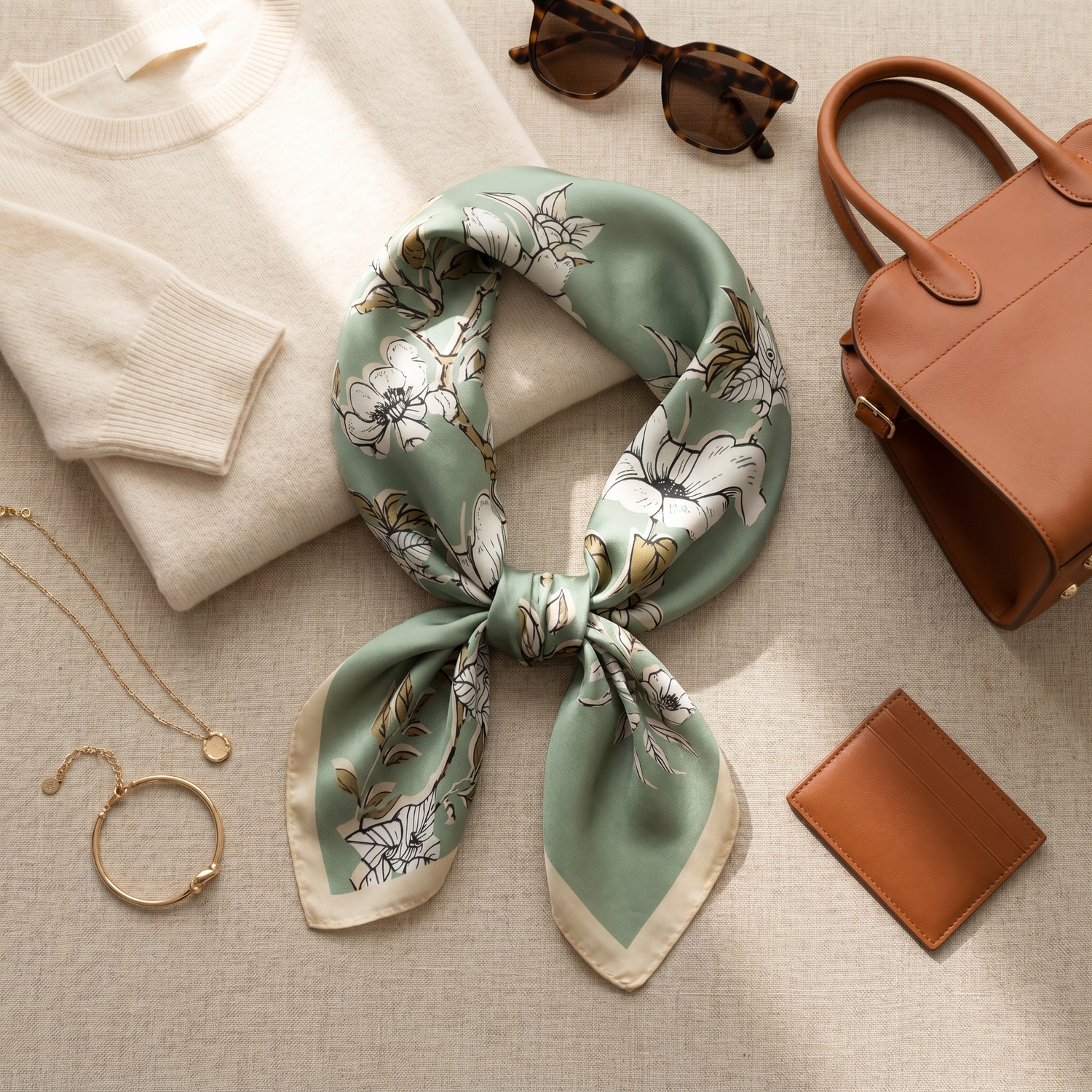 Bracksley green floral satin scarf for women, 27 inch square — view 2