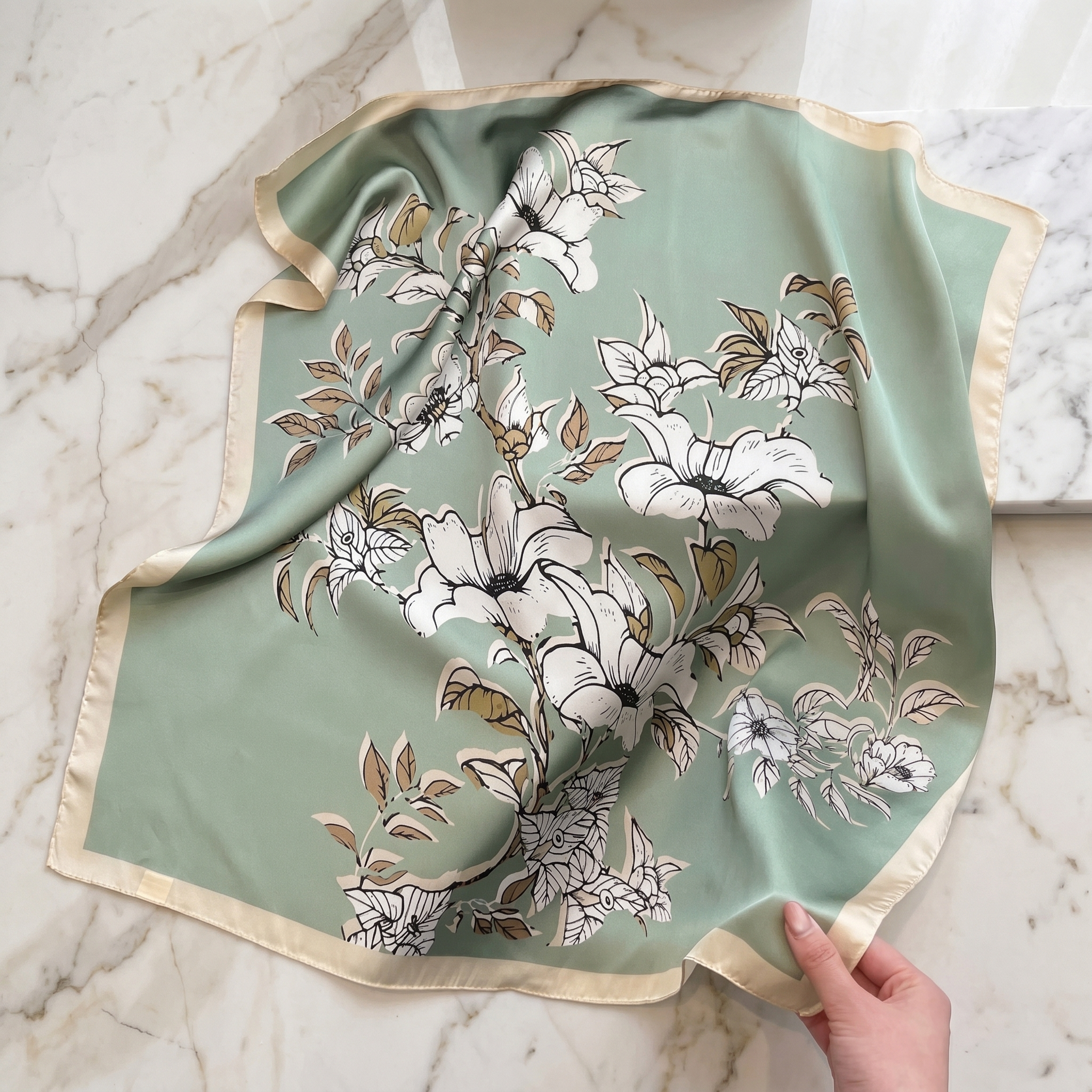 Bracksley green floral satin scarf for women, 27 inch square — view 1